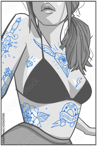 T-shirt print design old school tattoo body art model girl comic style drawing