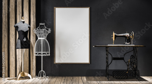 Mock-up poster frame in atelier, 3d render photo