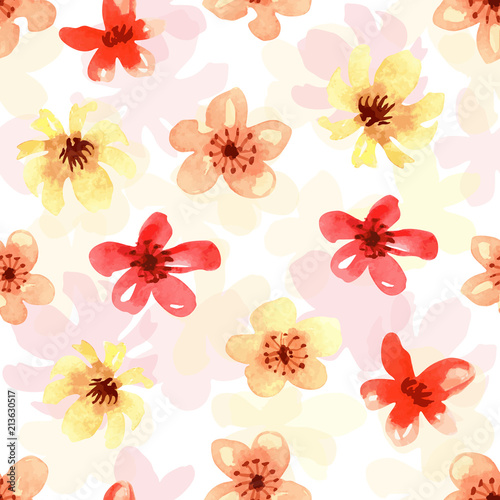 Vector watercolor print: seamless pattern with flowers. Digital artwork for fabrics, wallpapers, wrapping paper and greeting cards. Floral bloom background