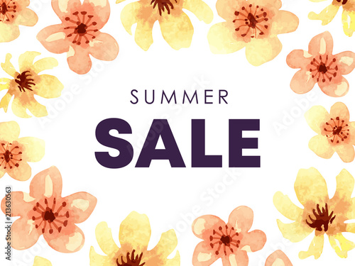 Sale advertising floral horisontal banner template. Text "summer sale" in frame of yellow watercolor flowers. Vector traced blossom backdrop for summer ad, poster or card design, wedding invintations