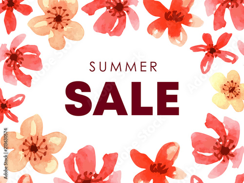 Floral sale advertising horisontal banner template. Text "summer sale" in frame of red watercolor flowers. Vector EPS10 blossom ornament for summer ad, poster or card design, wedding invintations