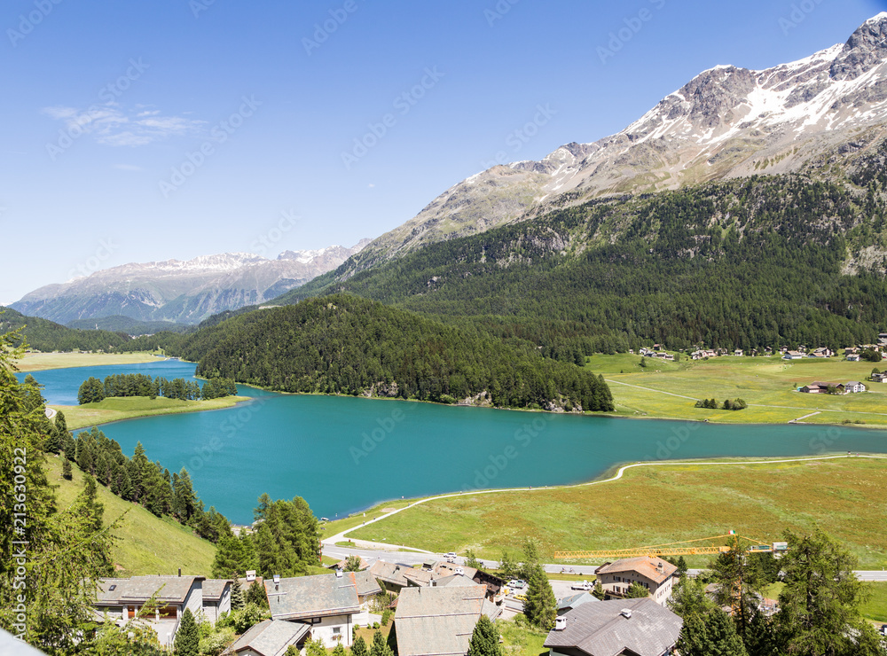 silvaplana by its lake in the Canton Graubunden (Grisons) in the Swiss alps in Switzerland in summer