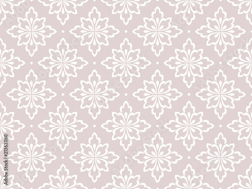 Wallpaper in the style of Baroque. Seamless vector background. White and pink floral ornament. Graphic pattern for fabric, wallpaper, packaging. Ornate Damask flower ornament