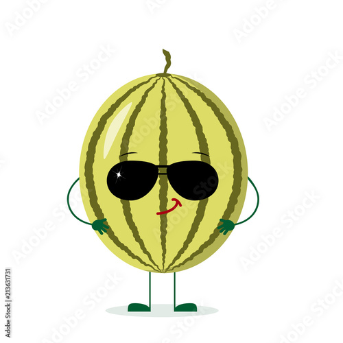 A cute watermelon character in cartoon style listening to music on headphones. Vector illustration, a flat style.