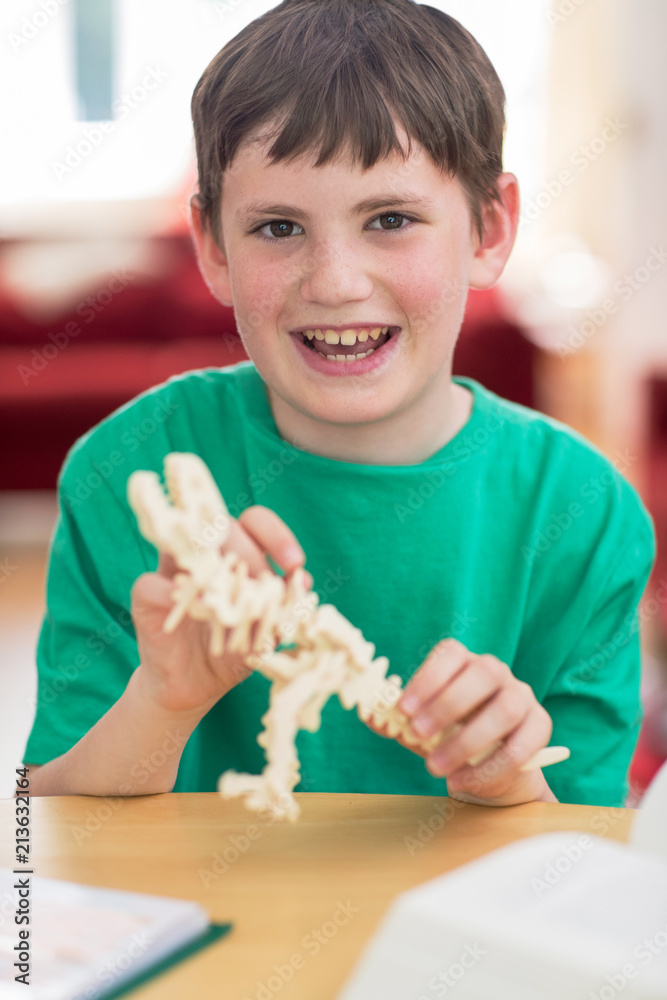 Portrait Of Boy Making Model Dinosaur At Home Portrait Of Boy Making Model Dinosaur At Home