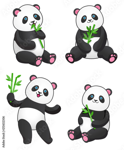 Fototapeta Naklejka Na Ścianę i Meble -  Set of four pandas with bambooDesign element for baby shower card, scrapbook, invitation, baby goods and childish accessories. Isolated on white background. Vector illustration.