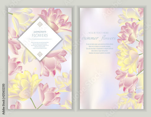Vector banners set with tulips flowers.Template for greeting cards, wedding decorations, invitation ,sales. Spring or summer design. Place for text.