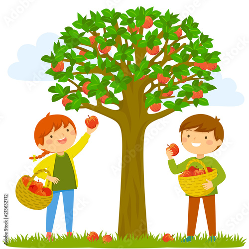 Two kids picking apples from the tree.