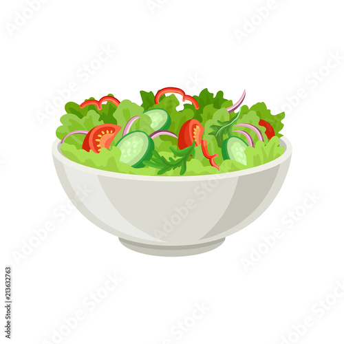 Fototapeta Fresh vegetable salad in gray ceramic bowl