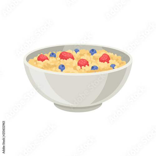 Flat vector icon of oatmeal porridge or rice with blueberry and strawberry in ceramic bowl. Delicious and healthy food for breakfast