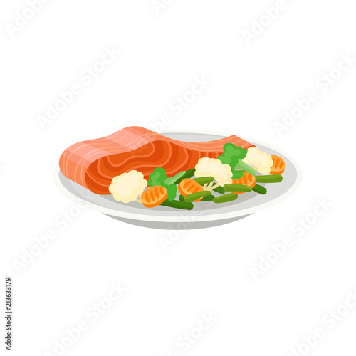 Delicious salmon fish with fresh vegetables on ceramic plate. Healthy meal. Tasty dish for dinner. Flat vector icon