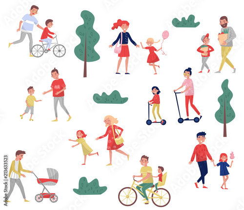 Young parents spending time with their kids. Outdoor activities. Family day. Happy childhood. Flat vector set © Happypictures