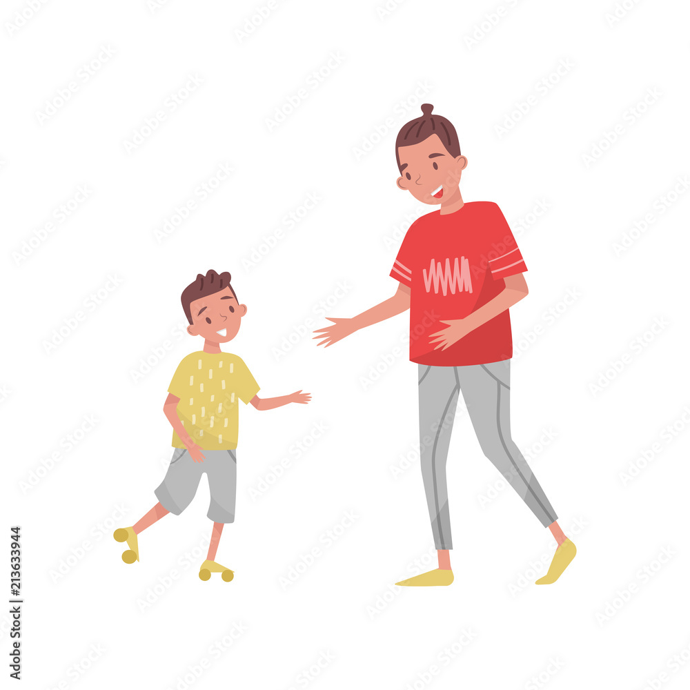 Teenager boy teaching his little brother riding roller-skate. Two cheerful kids. Outdoor activity. Flat vector design