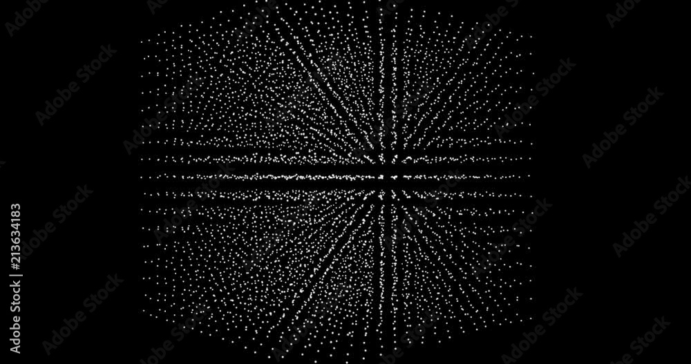 cube generated from a matrix of white dots on a black background. cube that rotates on itself made with a grid