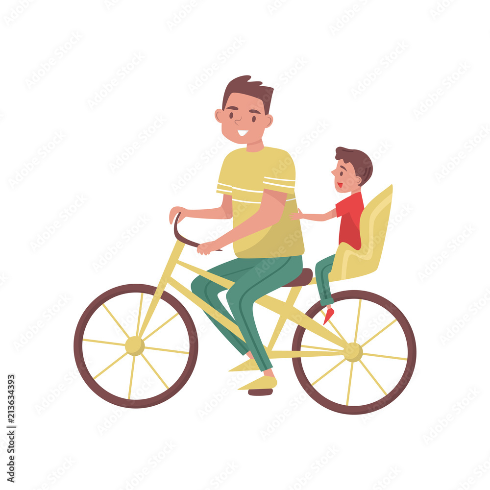 Dad with little boy riding on bicycle. Happy family. Father spending time with his son. Outdoor activity. Flat vector design