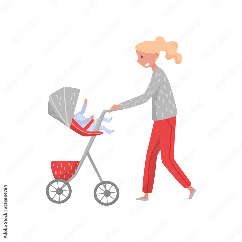 Smiling woman walking outdoor with infant baby in stroller. Happy mother and little son. Family and motherhood theme. Flat vector design Smiling woman walking outdoor with infant baby in stroller. Happy mother and little son. Family and motherhood theme. Flat vector design