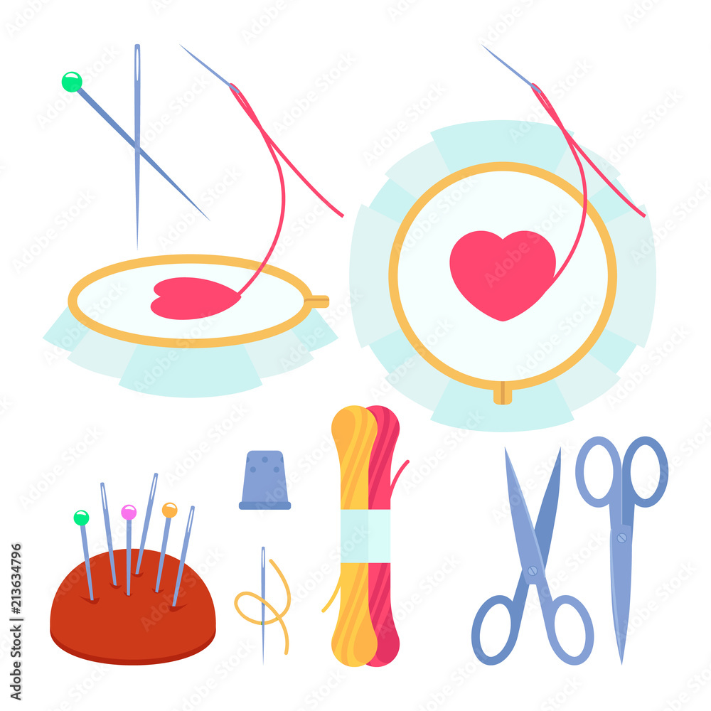 Vector Illustration with kit for embroidery. Set for embroidery: needle, thimble, Pin cushion, Embroidery hoop, 