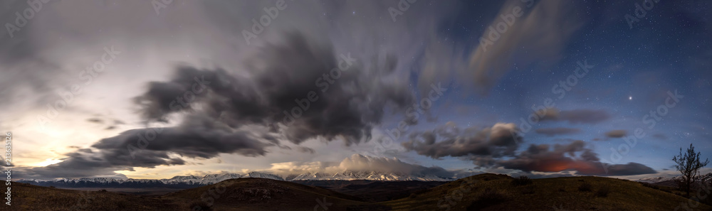 mountains sky clouds stars steppe