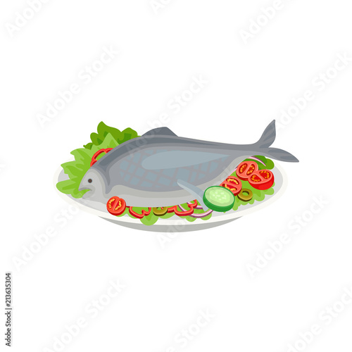 Cooked fish with raw vegetables. Healthy nutrition. Delicious dish for dinner. Seafood theme. Flat vector for menu or recipe book