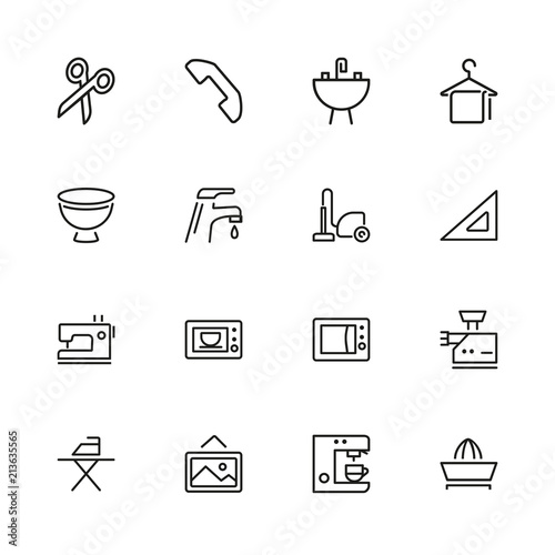 Household icons. Set of line icons. Ironing, faucet, oven. Housekeeping concept. Vector illustration can be used for topics like home appliance, decoration, housecleaning.