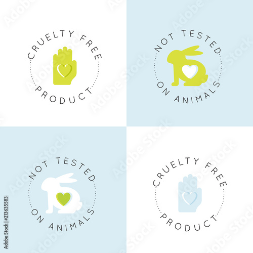 Vector Icon Style Illustration Logo Badge with Rabbit and Heart, Not Tested On Animals, Cruelty Free Lab Product Label Set, Isolated Minimalistic Design