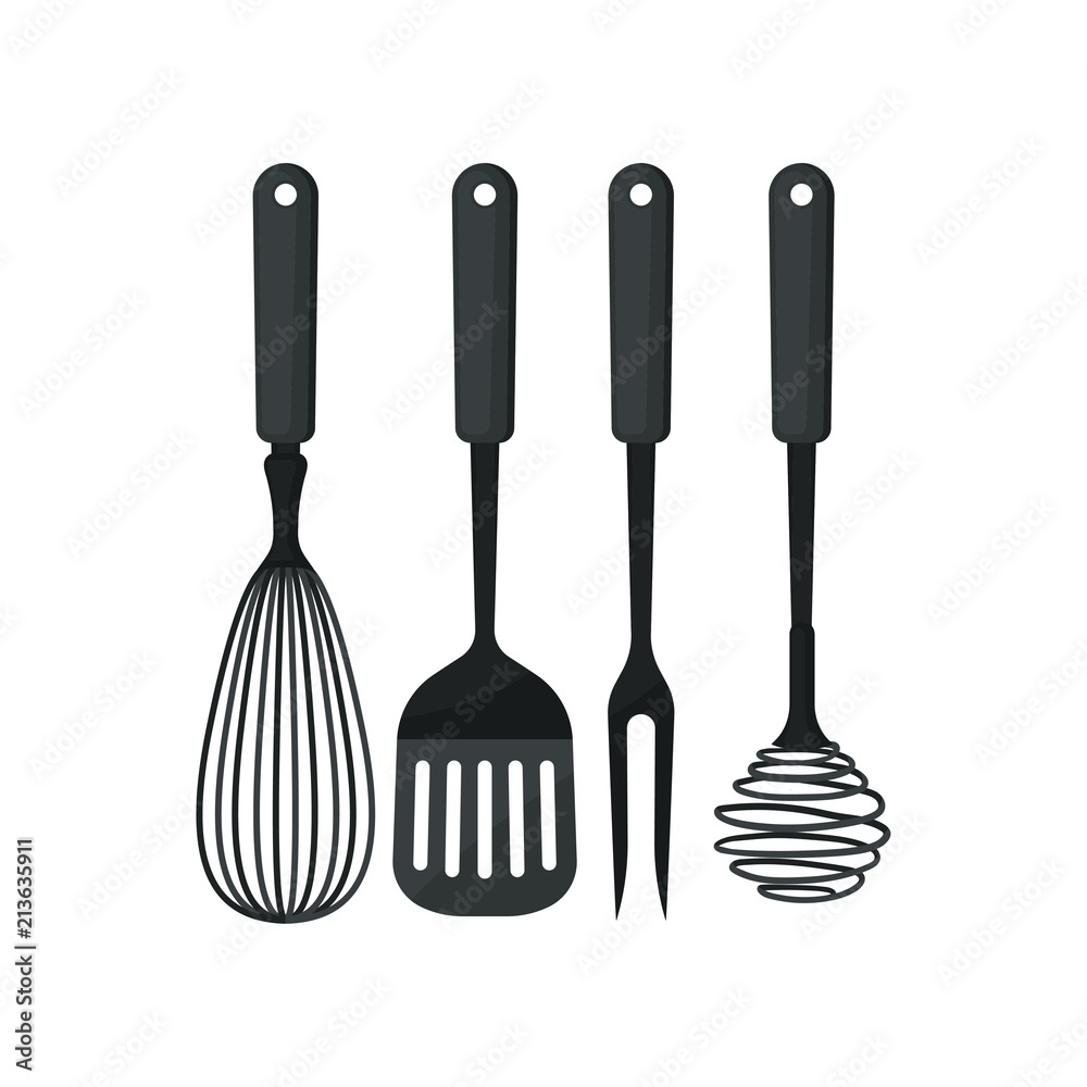 Collection Of Kitchen Utensils Used For Cooking Black Metal Whisks