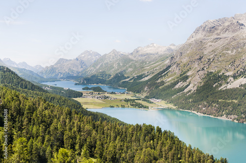 Silvaplana, Silvaplanersee, Sils, Silsersee, Oberengadin, Alpen, Corvatsch, Aussichtspunkt, Graubünden, Sommer, Schweiz