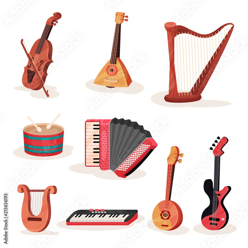 Flat vector set of various strings, keyboards and percussion musical instruments. Element for advertising banner or poster or music store