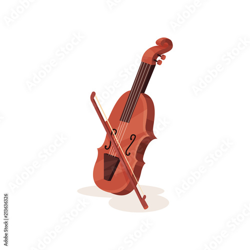 Flat vector icon of wooden violin with bow. Stringed musical instrument. Element for orchestra and music entertainment poster
