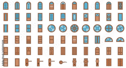 Door and window installation, filled outline icon set