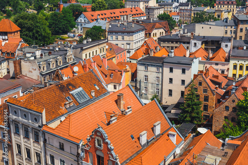 Aerial view of historical buildings and roofs in Polish medieval town Torun, Poland