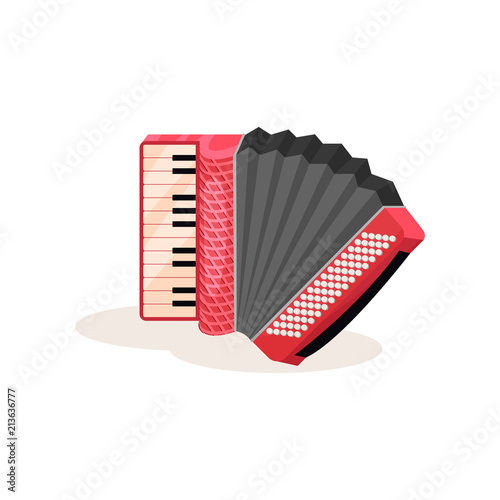Flat vector icon of red accordion. Portable musical instrument with black and white keys. Element for advertising poster or banner