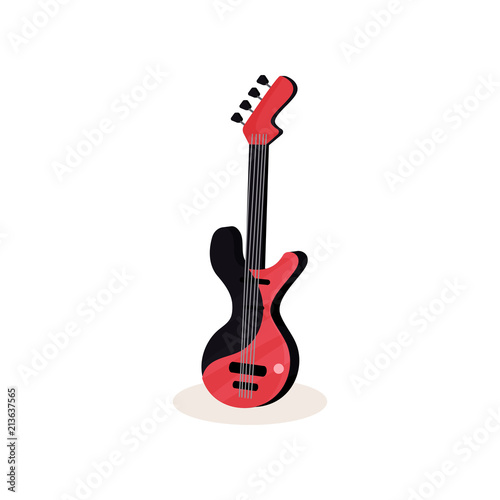 Flat vector icon of black and red electric guitar. Modern stringed musical instrument. Element for promo poster or music festival or store