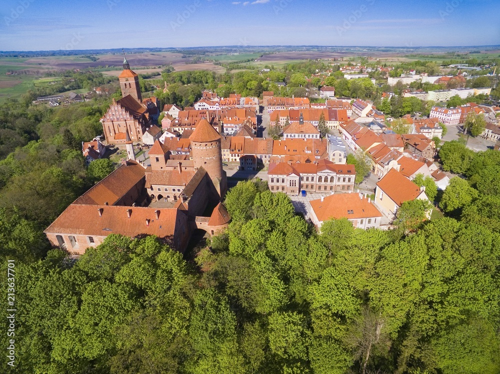 Aerial view of medieval Reszel town - small town of Warmia region, with a long history, many historical monuments and various tourist attractions, Poland