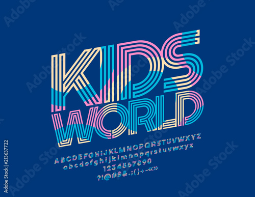 Naklejka Wektor jasny labirynt Zarejestruj Kids World. Oryginalna czcionka w stylu graficznym. Kolorowe litery, cyfry i symbole alfabetu