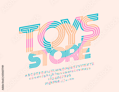 Vector colorful Logo Toys Store. Graphic Style Font. Artistic Design Alphabet Letters, Numbers and Symbols for Children