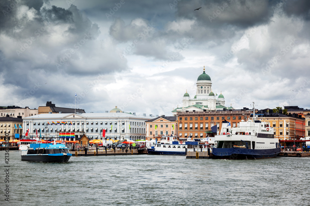 Beautiful cityscape, view of the capital of Finland Helsinki, the historic center of the city, the sea and boats