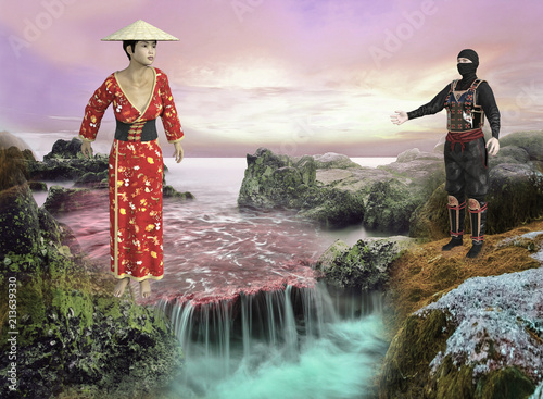 3D Illustration of peaceful Sunrise Waterfall Scene