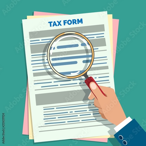 Tax form audit. Auditor hand holding magnifier preparation business taxes vector illustration, paper forms accounting check and audition concept