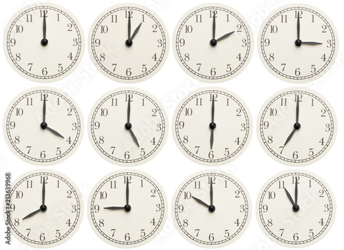 Set of office clocks showing various time isolated on white background