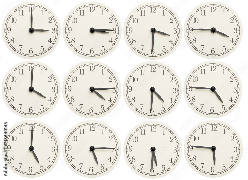 Set of office clocks showing various time isolated on white background Set of office clocks showing various time isolated on white background