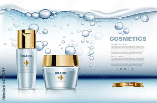 Hydration water cosmetic set Vector realistic. Product packaging mock up. Blue golden bottles cream and lotion. Water splash backgrounds
