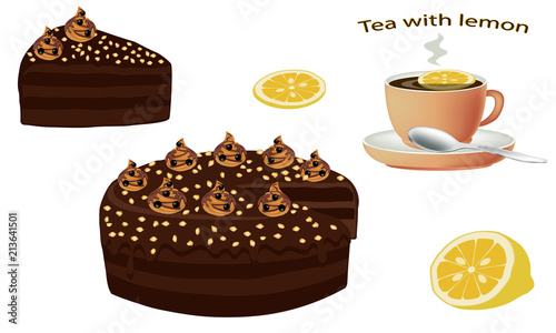 cup of tea and chocolate cake with caramel cream, decorated berries. A piece of chocolate cake isolated on white background. Vector illustration.