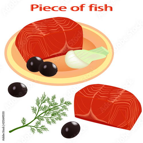 A piece of red fish. Cut salmon slice. Salmon steak isolated on white background. Vector illustration of a fish. Design of the menu. Seafood.