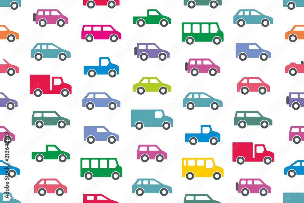 Seamless pattern with Cars and trucks in Color. isolated on white background