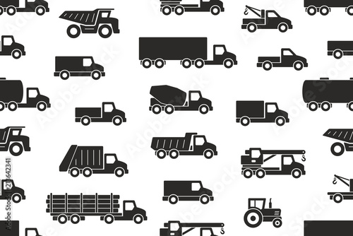 Seamless pattern with Trucks in Black. isolated on white background