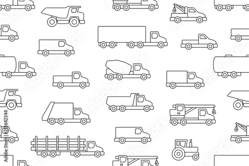 Seamless pattern with Trucks in Line. isolated on white background