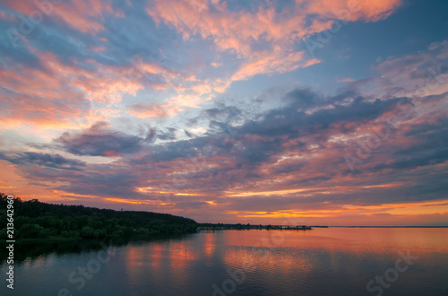 Beautiful clouds and colorful water in lake reflected in evening