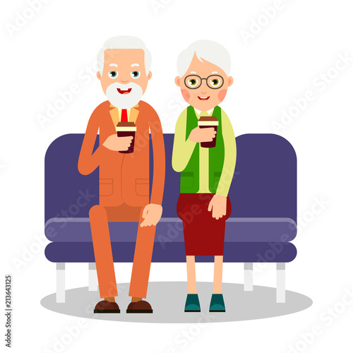 Old people drinking coffee. Elderly persons, man and woman sitting and holding coffee cups. Cartoon illustration isolated on white background in flat style