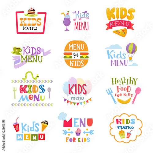 Kids menu vector lettering template for child s food or meal in childish cafe or restaurant illustration set of baby cooking typography sign isolated on white background